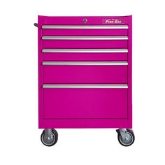 This 26-inch 5-drawer rolling cabinet by The Original Pink Box® is built tough from high quality powder coated 18 gauge steel. The powder coated finish resists wearing better than other finishes. Each drawer holds up to 100 pounds and glides smoothly on soft close, ball bearing slides. Attractive full length aluminum drawer pulls are sturdy and easy to grip. The 7-pin cam lock secures all 5 drawers internally at their slides with the turn of just one key, making it difficult to pry or pick open. Pink Tool Box, Rolling Cabinet, Pink Tools, Drawer Glides, Steel Locker, Tool Cabinet, Tool Chest, Pink Box, Casters Wheels