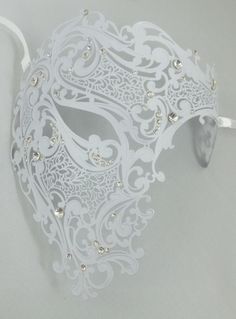 White Phantom Laser Cut Venetian Mask Masquerade Metal Men Skull Filigree White Venetian Masquerade Mask As Gift, White Venetian Masquerade Mask For Gift, Phantom Masquerade, Skull Filigree, Mask Artwork, Phantom Mask, Mens Masquerade Mask, Metal Men, Mask White