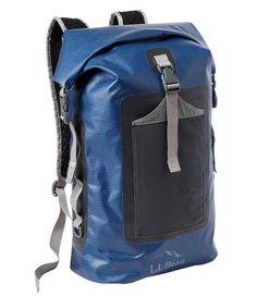 a blue and black backpack with straps on the front, one side has a small pocket for