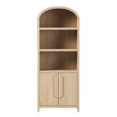 a wooden bookcase with an arched door on the front and bottom shelf, in light wood