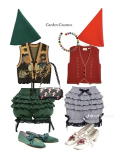 four different types of clothes and shoes with text that reads, garden gnomes on them