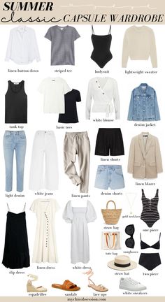 A Classic Capsule Wardrobe for Summer - MY CHIC OBSESSION Italy Outfit Capsule, Neutral Capsule Wardrobe Spring, Parisian Capsule Wardrobe Summer, Minimal Work Outfit Summer, Cute Minimal Outfits, Minimal Summer Wardrobe, Parisian Summer Outfits Casual, Summer French Capsule Wardrobe, Minimal Outfits For Women Summer