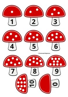 red mushrooms with numbers on them to learn how to write the number 1 - 10