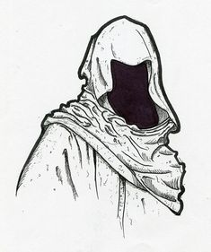 a black and white drawing of a person wearing a hood with a scarf around their neck