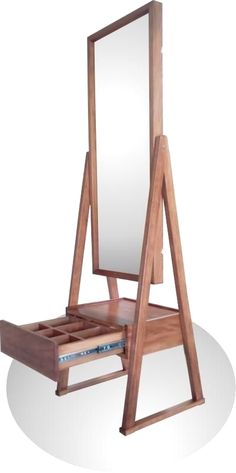 a wooden stand with a mirror and drawers on it's sides, in front of a white background