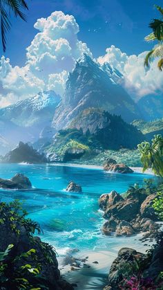 an artist's rendering of a tropical island with blue water and mountains in the background