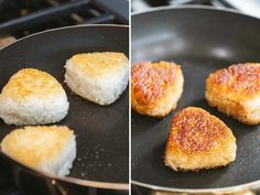 four pieces of fried food cooking in a frying pan on the stove and then being cooked