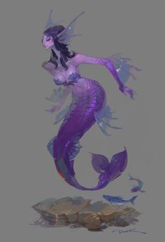 a purple mermaid is standing on rocks with her hands in the air and two fish around her