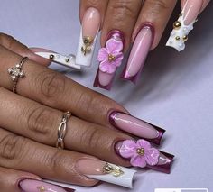 3d Orchid Nails, Nails With 3d Designs, Orchid Nail Designs, Different Color Nails Acrylic, Acrylic Flowers On Nails, Gel Flower Nails, Purple Coffin Nails, Pink And Purple Nails, Photo Nails