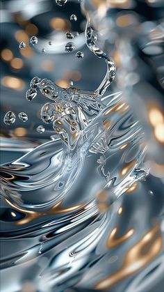 an abstract photo of water and bubbles in blue, gold and white colors with some light reflecting on the surface