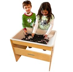 two children are playing with some grapes in a play table that is made out of plywood