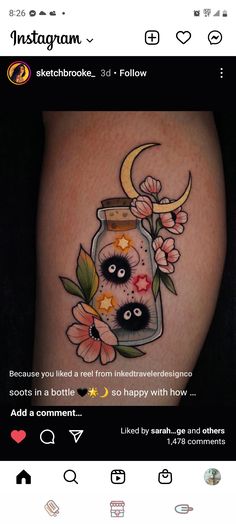 Two soot Sprites trapped in a jar with three littlestars, flowers and, and a Cresent moon are around the jar. The tattoo is on a forearm. Jar Tattoo, Maching Tattoos, Spirit Tattoo, Bestie Tattoo, Handpoke Tattoo