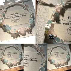 three pictures of the inside of a card with flowers and pearls on it, along with instructions for how to make an origami bracelet