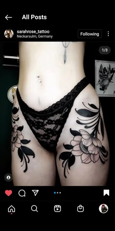 a woman's stomach with tattoos on it and the bottom part of her panties