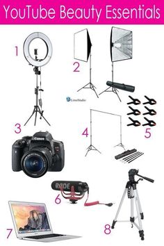 a camera, tripod, flash light and other items are arranged around the image