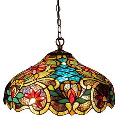 a stained glass light hanging from a chain