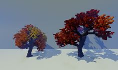 two trees made out of legos on top of a snow covered ground with mountains in the background