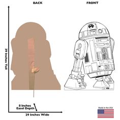 star wars r2d2 backpack is shown with the measurements for it's size