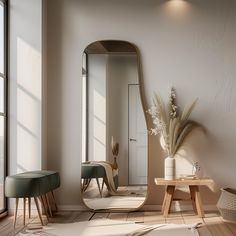 an empty room with a mirror, stools and plant in it on the floor