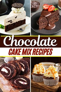 chocolate cake mix recipe collage with different desserts and cupcakes in the background