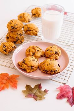 chocolate chip cookies on a pink plate next to a glass of milk and fall leaves