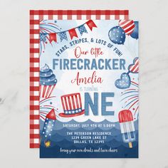 the firecracker birthday party card is shown with balloons and streamers on it