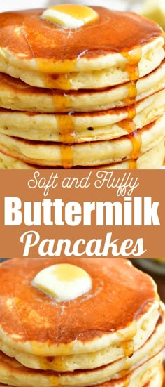 buttermilk pancakes are stacked on top of each other