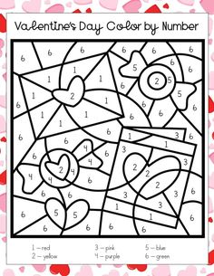 valentine's day color by number worksheet for kids to practice counting numbers