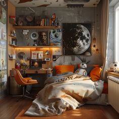 a bedroom with a bed, desk and shelves filled with pictures on the wall above it