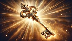 a golden key with an ornate design on it is surrounded by bright lights and sparkles