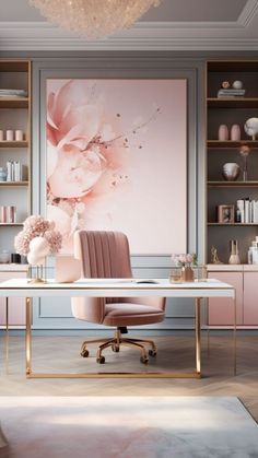 an elegant office with pink chairs and shelving