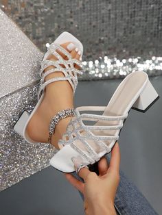 White  Collar     Embellished   Women Shoes Luxury 4-inch Heel Wedding Shoes For Spring, Spring Wedding Shoes With Rhinestones, Open Toe, Luxury Open Toe Synthetic Wedding Shoes With 4-inch Heel, White Crystal Embellished Open Heel Heels, Summer High-heel Mules With Rhinestones, Shoes Hack, Cute Shoes Heels, Fairy Fashion, Anarkali Dress