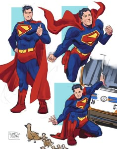 two men in superman costumes, one with his hands up and the other wearing a red cape