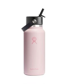 the hydro flask water bottle is pink and has a black cap on it's lid