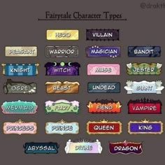 a bunch of different types of labels on a gray background with the words fairy character tips