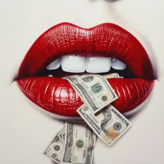 a woman's lips with money sticking out of her mouth and eye glasses on top