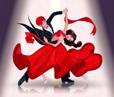 two people dressed in red dancing on a dance floor with their arms around each other