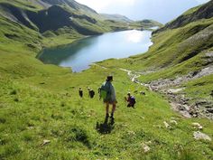 several people hiking up a grassy hill towards a body of water in the distance with mountains behind them