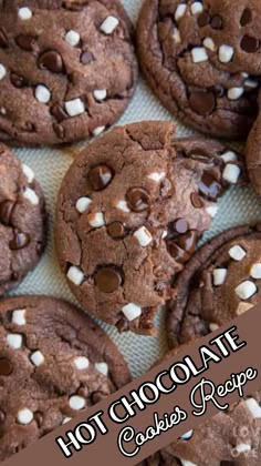 chocolate cookies with white sprinkles are arranged on a baking sheet and the words hot chocolate cakes recipe