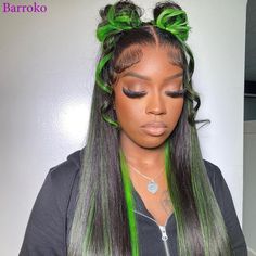 Barroko Highlight 34 Inch Transaprent Lace Frontal 1B Green Colored Straight Human Hair Wig Black And Green Hair, Straight Human Hair Wig, Green Wig, Green Highlights, Ombre Wigs, Straight Lace Front Wigs, Human Hair Lace Wigs, Human Hair Wig, Straight Human Hair