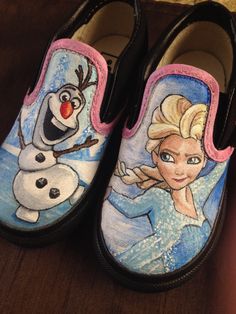 the shoes are painted to look like frozen princesses