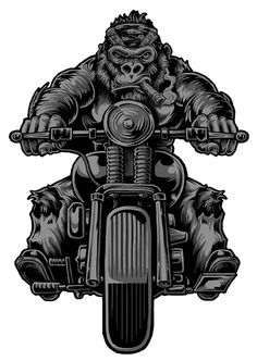 a gorilla riding on the back of a motorcycle with two skulls in front of it