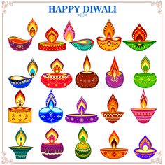 happy diwali greeting card with colorful candles on white background royalty photo - illustration