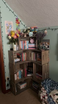 a room with a book shelf filled with books