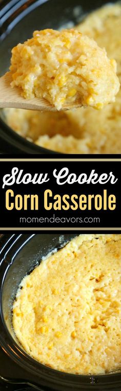 a spoon full of corn casserole in a crock pot with the words slow cooker corn casserole on it