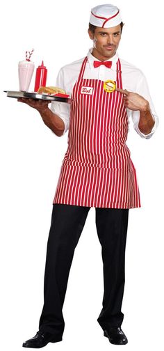 Diner Dude Costume For Men from Buycostumes.com 50s Diner Outfit, Soda Jerk, 50s Costume, 1950s Costume, Diner Party, Striped Apron, Vintage Halloween Costume, Sock Hop