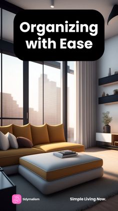 An inspiring AI artwork depicting a stylish, modern living room with natural light and efficient organizations. Featuring greenery, mid-century furniture, and a hint of minimalist elegance to motivate your home decluttering journey. Organisation Hacks, Clutter Free Home, Organization Furniture, Easy Organization, Free Space, Home Ownership