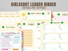 the girl scout binder printable is shown in three different colors and sizes, including pink