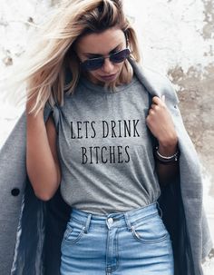 "Funny Day Drinking Shirts,  LETS DRINK BITCHES drinking shirts ~ Cute tee's for any occasion 🥂❤ Any color ~ style ~ size shirt not listed, please message us as we might not have it listed :)  Matching Canvas Tote bags now available in natural or black. ~ Width approximately 14 ~ Height approximately 15 ~ 22 \" handles 100% Cotton  These fun shirts are available in many different styles.  ** Please note the women's tanks and fitted style t-shirts are fitted ~ suggested to size up a size** Women Funny Wife Shirts, Homebody Shirt, Mom Tees Funny, Champagne Shirt, Boston Legal, Brunch Shirts, Funny Drinking Shirts, Style T Shirts, Day Drinking