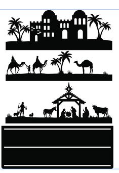 the nativity scene in black and white, with silhouettes of three different scenes